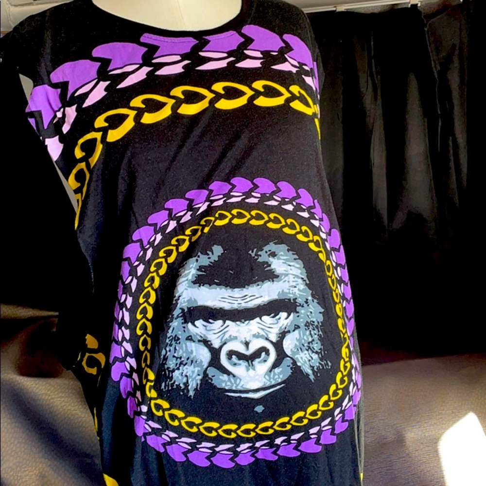 Large Funky black gorilla cotton dress yellow/purp